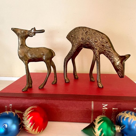 Set of 2 Mid Century Solid Brass Deer Handcrafted Reindeer Christmas Estate Find - Picture 2 of 7